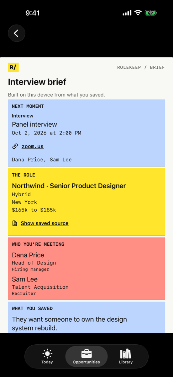 Rolekeep's interview brief: a blue Next moment block with the panel interview time and link, a yellow The role block with Northwind, hybrid, New York and pay, a coral Who you're meeting block, and a What you saved block.