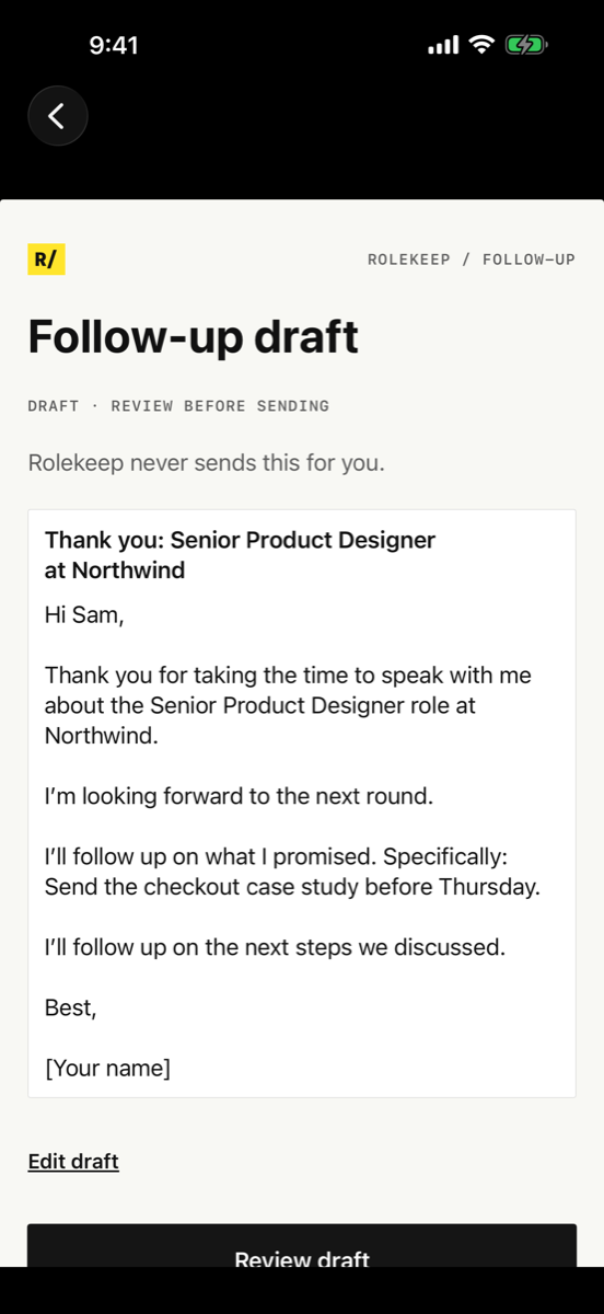 A follow-up draft in Rolekeep, marked Draft, review before sending, thanking Sam for the Senior Product Designer conversation and promising the checkout case study before Thursday.