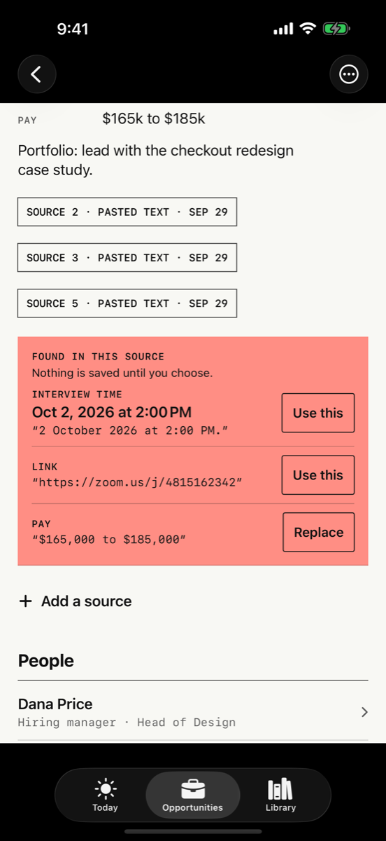 A role page in Rolekeep with three source stamps and a coral Found in this source block offering an interview time, a Zoom link and a pay range, each with a Use this button.