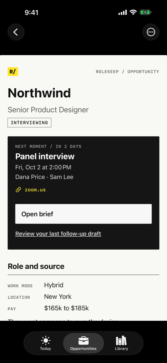 A role page for Northwind, Senior Product Designer, marked Interviewing, with a black Next moment block showing a panel interview in two days, the people you will meet, a Zoom link and an Open brief button.